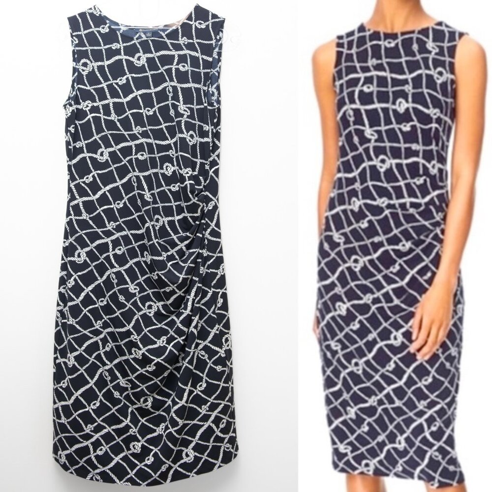 Brooks Brothers Midi Dress Rope Pattern Nautical White Navy Blue Size Large